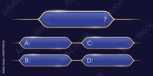 Quiz template. Trivia game layout. Question and answer blue frames with golden border for TV show or social media. Multiple choice test. Vector illustration isolated on dark background.