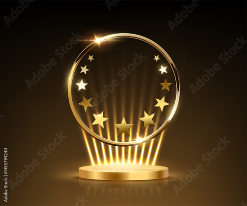 Gold award podium with glowing star ring frame. Elegant golden stage with spotlights shining upward on dark background. Luxury trophy display or product presentation. Abstract vector illustration.