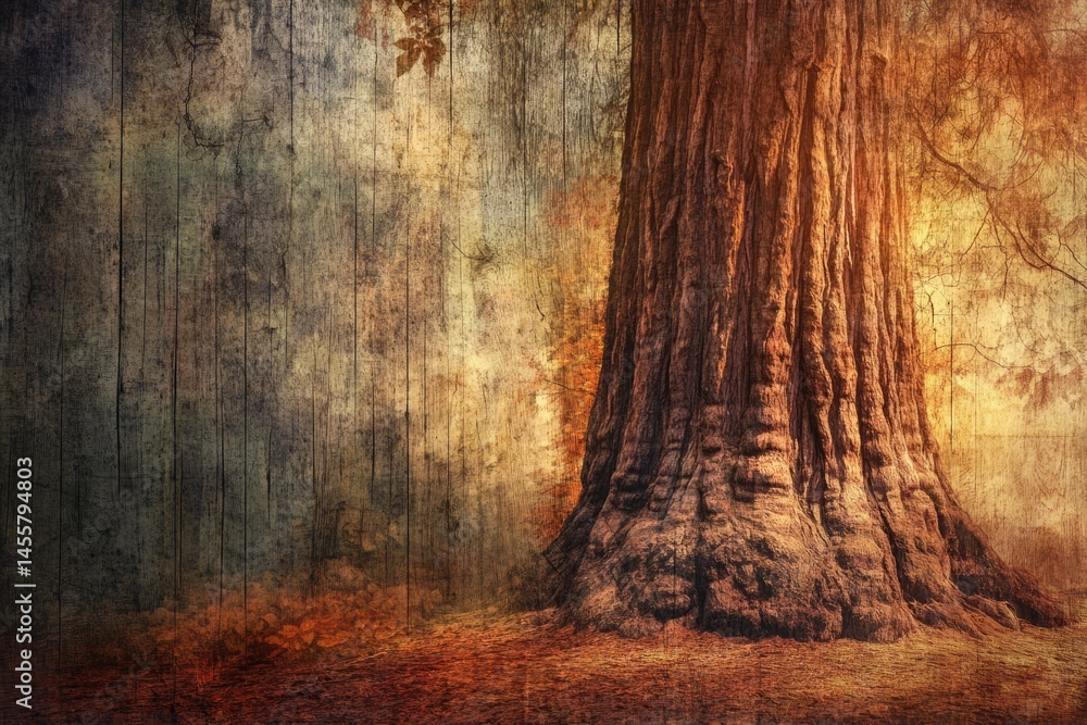 Fototapeta premium A majestic, ancient tree stands tall in a textured forest scene bathed in warm, ethereal light, creating a tranquil ambiance.