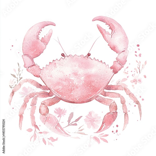 Delicate Pink Crab Silhouette Amidst Watercolor Blooms A Serene Coastal Scene