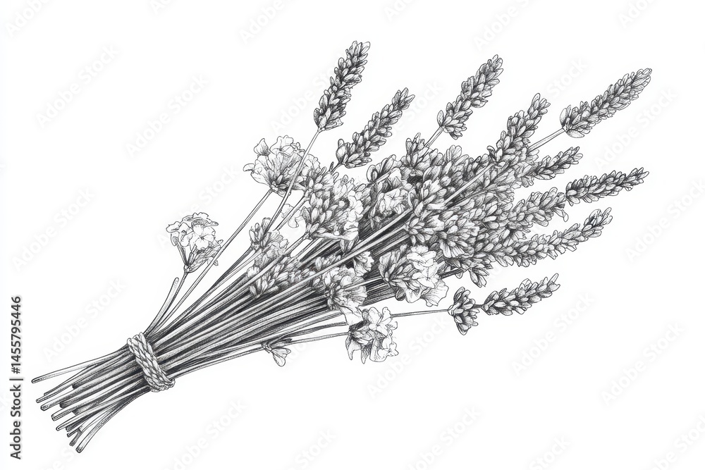 Hand-drawn bundle of lavender flowers tied with rope, detailed botanical art. Ideal for invitations, stationery design, or natural product packaging. Hand-drawn bundle of lavender flowers tied with rope, detailed botanical art. Ideal for invitations, stationery design, or natural product packaging.