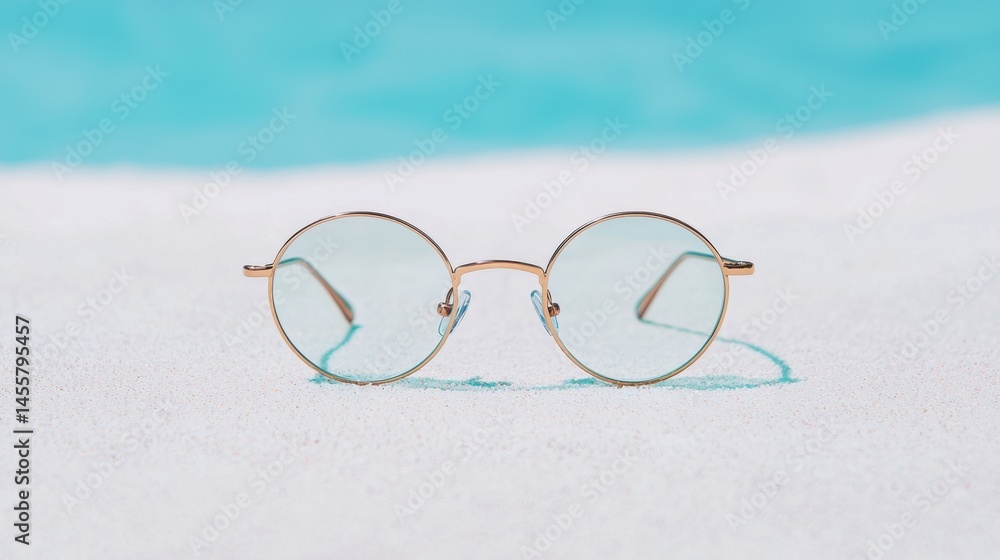A pair of round sunglasses with gold frames and clear lenses rests on a white sandy beach. A pair of round sunglasses with gold frames and clear lenses rests on a white sandy beach.