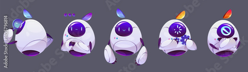 Chatbot assistant mascots set isolated on background. Vector cartoon illustration of artificial intelligence bot characters using magnifying glass for search, thinking, fixing error, AI chat character