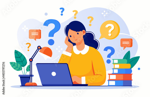 Thinking woman with question marks trying to solve  business problem