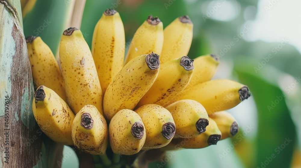 Close-up view of a cluster of ripe bananas on a plant. Close-up view of a cluster of ripe bananas on a plant.