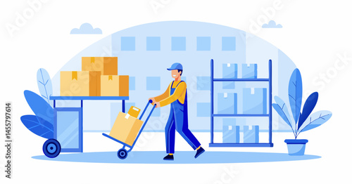 Logistics and delivery service. Warehouse worker pushing a hand cart