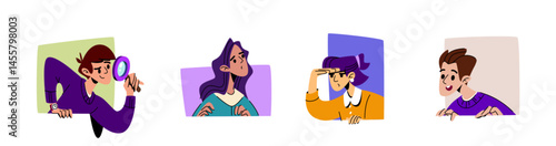Curious people peeking set isolated on white background. Flat vector illustration of man with magnifying glass, young woman looking out of window, portraits of adult characters spying, info search