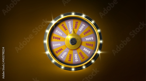 Casino fortune wheel spin, luck game device - rotating circle partitioned into colorful sections marked with prize values. Realistic glossy metallic frame, winning bet chance spinner for gambling.