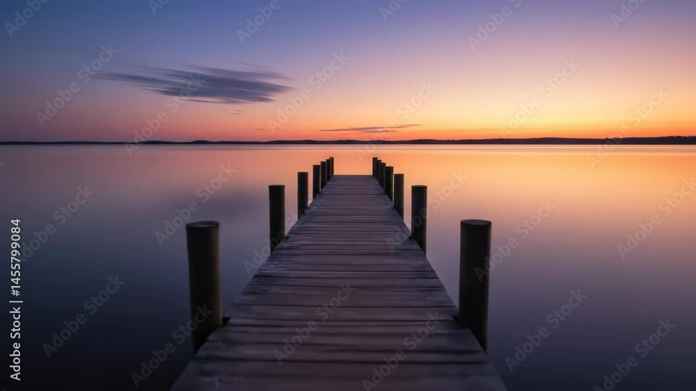 Wooden Pier Extending into Calm Water at Colorful Sunset Landscape Wooden Pier Extending into Calm Water at Colorful Sunset Landscape