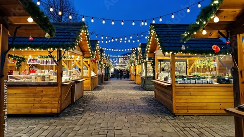 Long walkway with many wooden booths and a festive atmosphere