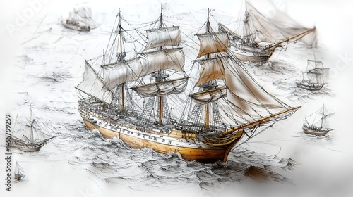 A detailed sketch of an old sailing ship, its sails billowing in the wind, a reminder of seafaring adventures.