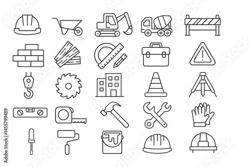Construction Icon Set: A collection of line art icons meticulously designed to represent construction, engineering, and building trades, ideal for illustrations.