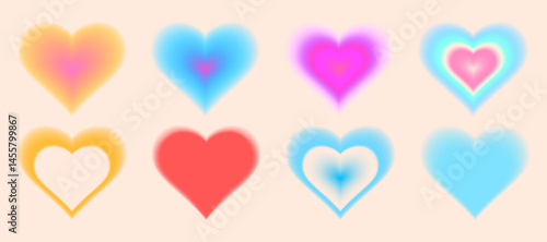 Heart gradient shapes in y2k style - colorful dreamy pastel blurred love sign. Hazy fuzzy neon Valentine day symbols in nostalgic retro 90s vibe. Smooth diffused edges, tender romantic design elements