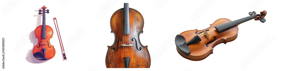 A collection of violins in different angles and styles isolated on a transparent background. A collection of violins in different angles and styles isolated on a transparent background.