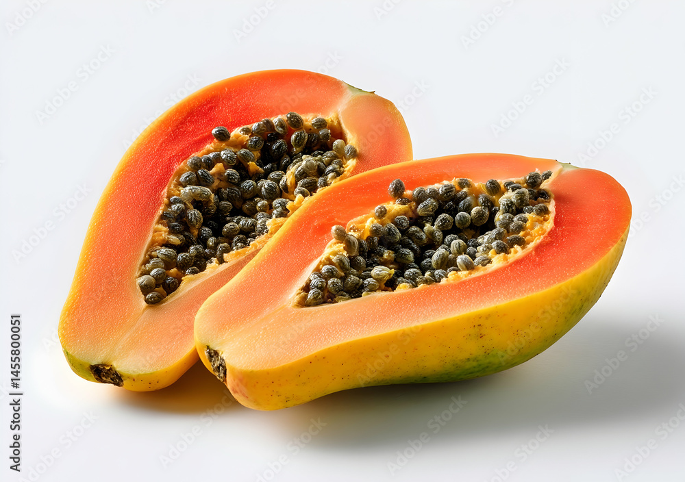 Sliced Papaya Halves Showing Seeds on White Background Sliced Papaya Halves Showing Seeds on White Background