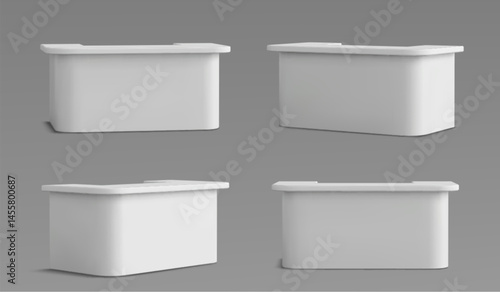 Reception tables set - white modern desk counters for office, hotel lobby or store. Curved rectangle shapes with smooth edges, blank surface countertop and front side. 3d mockup from various angles.