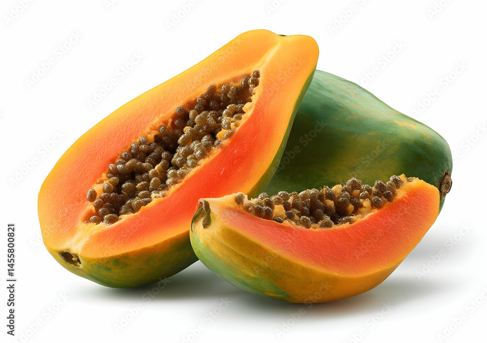 Papaya Fruit Slices with Seeds Isolated on White Background Papaya Fruit Slices with Seeds Isolated on White Background