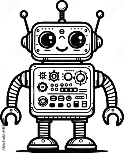 black and white line art vector cartoon  friendly robot isolated for coloring page.A robot cartoon cute fun alien mascot character man illustrations