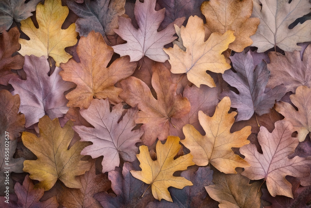 Obraz premium Overhead shot of a colorful assortment of fallen oak leaves showing the autumn season's beauty.