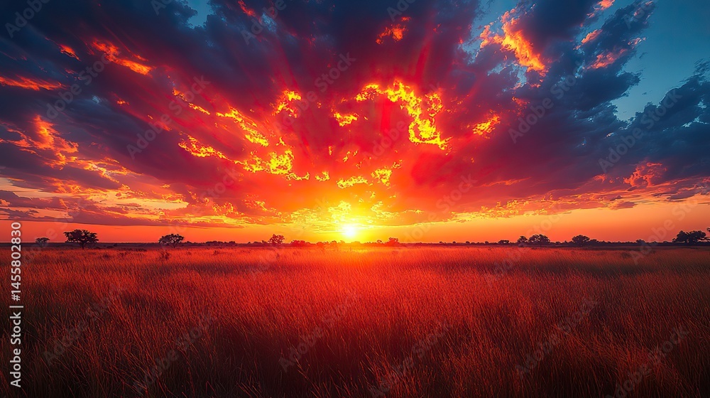 A dramatic sunset over a vast, open plain with silhouettes of distant trees against the fiery sky. A dramatic sunset over a vast, open plain with silhouettes of distant trees against the fiery sky.