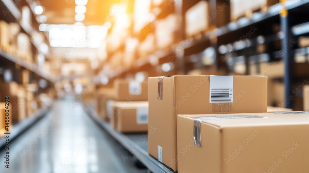 Warehouse logistics, streamlined storage and organization of boxes in a modern facility Warehouse logistics, streamlined storage and organization of boxes in a modern facility