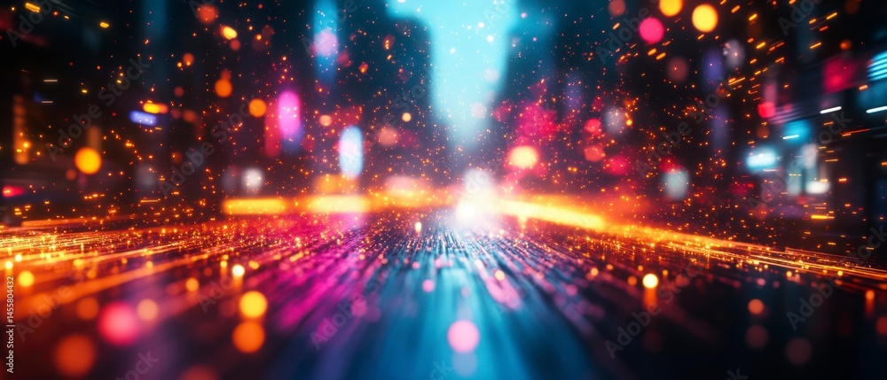 Fototapeta premium Streaks accelerate through cityscape, showcasing motion blur alongside radiant lights.