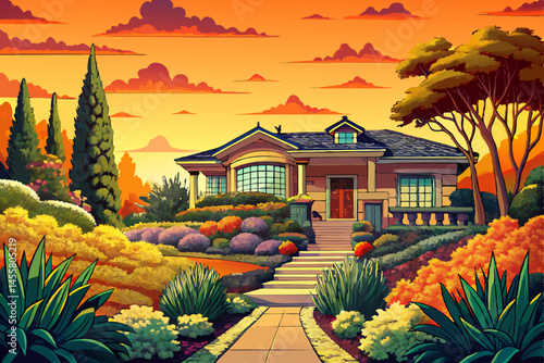 Beautiful front yard landscape design illuminated by warm sunset light, featuring manicured lawn, garden beds, and decorative plants. Ideal for home exterior, landscaping inspiration, and curb appeal 