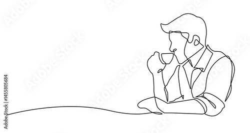 Continuous Line Drawing of Man with Coffee Cup Trendy Minimalist Illustration. Coffee Lover One Line Abstract Drawing. Man Drinks Coffee Minimalist Contour Drawing for Cafe Design. Vector EPS 10.