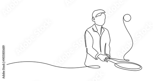Trendy Line Art Drawing of Boy Playing Tennis. Minimalistic Black Lines Drawing. Boy with Tennis Racket and Ball Continuous One Line Abstract Drawing. Modern Vector Illustration.	