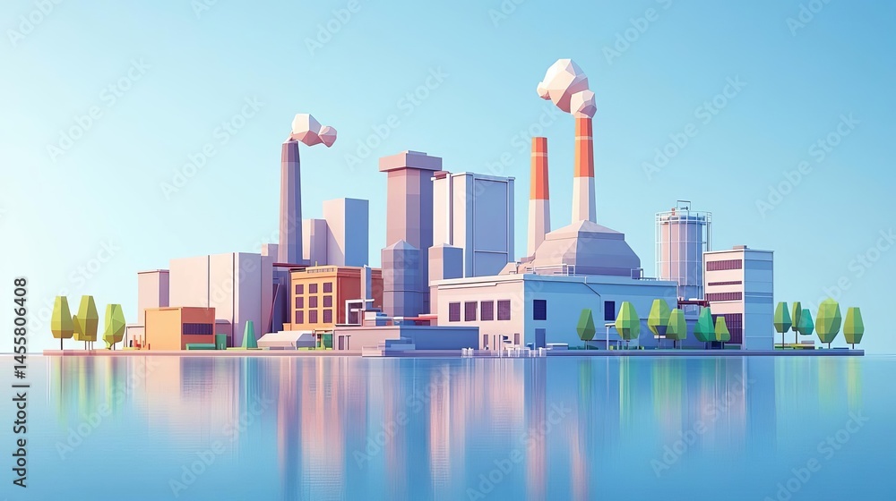 Obraz premium Modern factory skyline with reflections in water. Waste Recycling Week