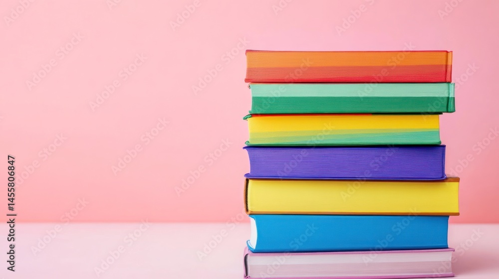A Stack of Colorful Books on a Pink Background A Stack of Colorful Books on a Pink Background