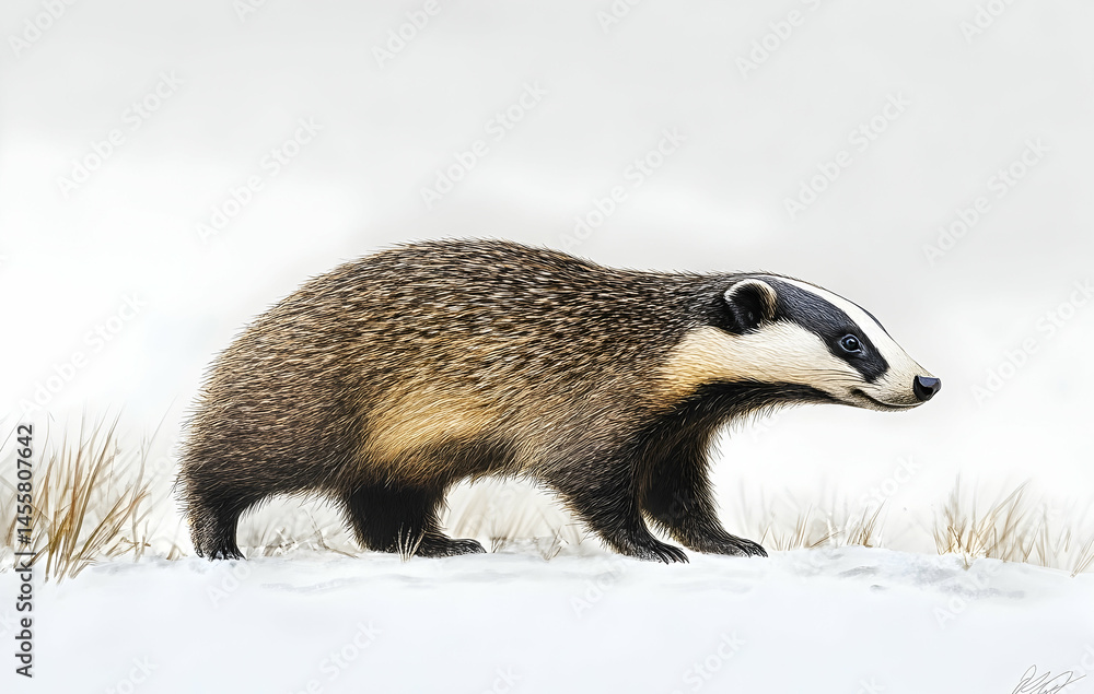 Obraz premium Badger Walking on Snow During Winter Season Illustration