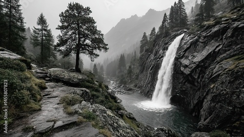 A dramatic waterfall plunging into a deep gorge, the mist rising from the churning water below.
