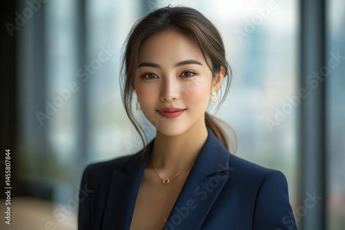 Portrait of a young, beautiful Asian woman in a navy blue blazer, exuding confidence and elegance. Free Download Portrait of a young, beautiful Asian woman in a navy blue blazer, exuding confidence and elegance. - GFXLoad