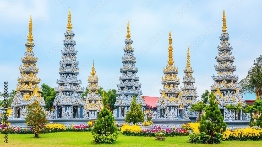 Naklejka premium Exquisite thai temples architecture amidst serene nature parkland representing spiritualism and cultural heritage on clear daylight hours
