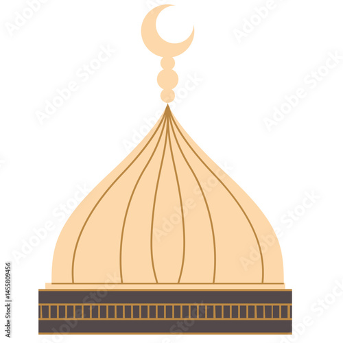 A beige mosque dome with vertical lines and a crescent moon on top, showcasing traditional Islamic architecture and cultural significance.