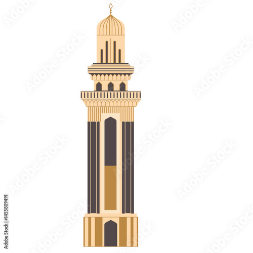 A detailed mosque minaret with a dome and crescent, featuring balconies and arched windows.