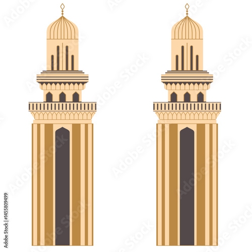 Two identical mosque minarets with golden domes and decorative details, representing Islamic architecture and spiritual significance in religious buildings.