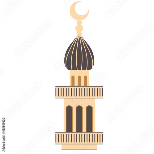 A detailed mosque minaret with a dome and crescent, featuring balconies and arched windows.
