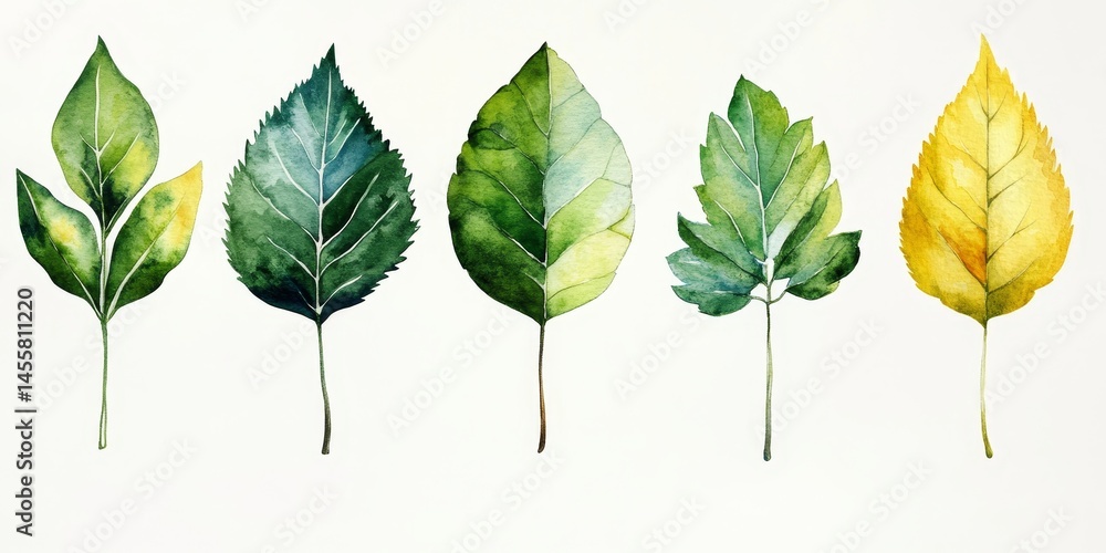 Fototapeta premium Set of Isolated Watercolor Leaves Digital Concept, Generative AI