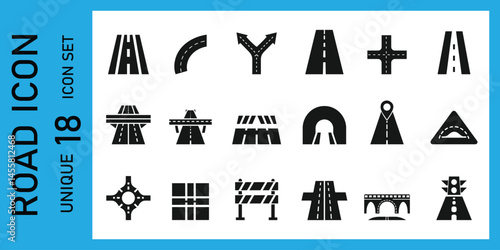 Black Road and Highway Icons Vector Set  18 Unique Silhouettes Including Bridge, Tunnel, Crossroads, Curves, Barriers, and Traffic Elements for Map, Navigation, and Transportation Projects vector.
