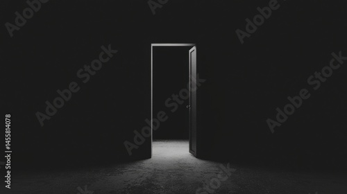 A black and white photo of a door opening into a dark room.