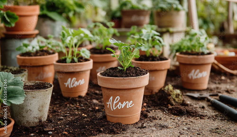 Miniature garden setup with potted sprouts and wooden tools. A heartwarming representation of home gardening and nurturing life.
Miniature garden setup with potted sprouts and wooden tools. A heartwarming representation of home gardening and nurturing life.