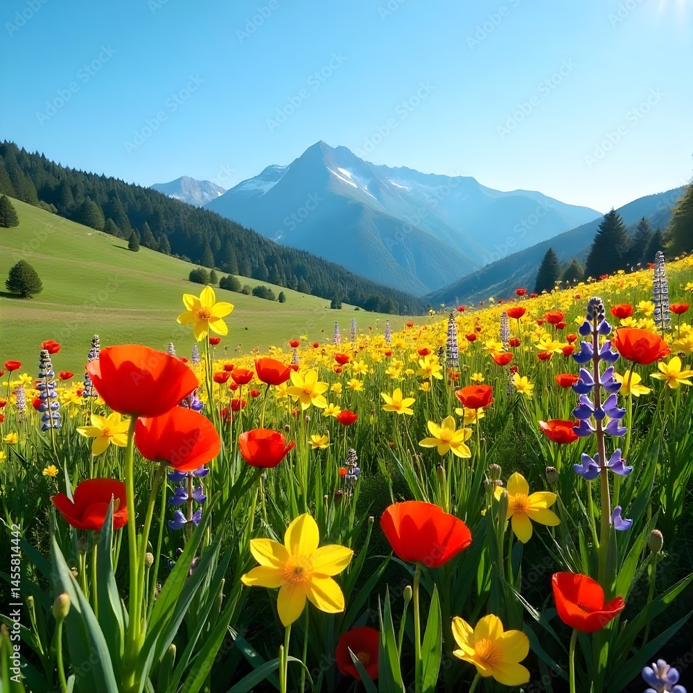 Yellow Flowers on the Mountain Colorful Spring Flower Field and Tulips. Yellow Flowers on the Mountain Colorful Spring Flower Field and Tulips.