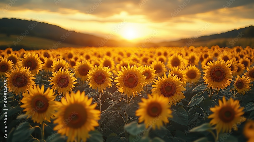 Obraz premium A field of sunflowers at sunset, their faces turned towards the warm, golden light of the setting sun.