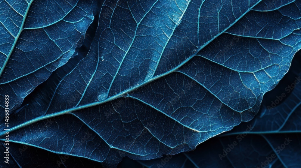 Obraz premium Deep Blue Leaf: A Close-Up Macro Photograph of Nature's Intricate Design