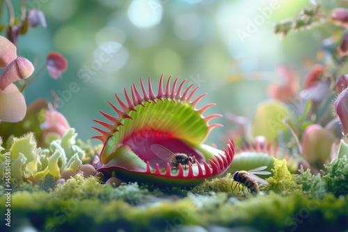 A Venus flytrap lures flies with its vibrant colors, waiting patiently for its next unsuspecting meal in a lush, green habitat.