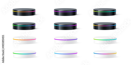 White and black round podiums with glow neon line. Set of product display stands isolated on white background. Cosmetic showcase pedestal, platform, stage. Realistic vector illustration set.
