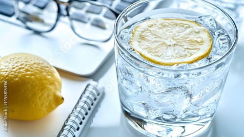 Refreshing iced water with lemon slice on a desk.