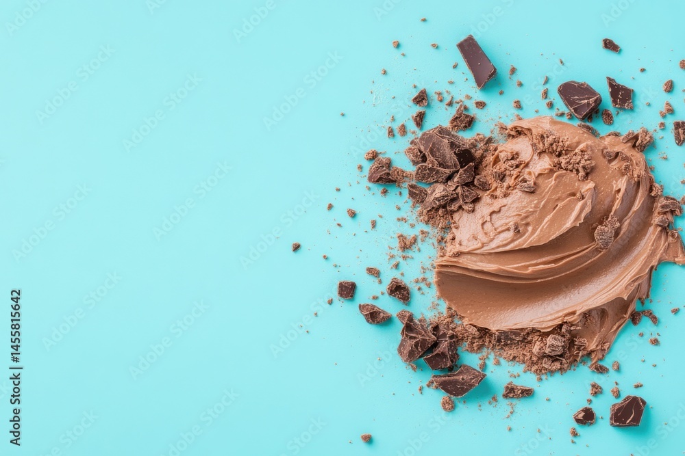Chocolate ice cream with scattered chocolate pieces on a bright blue background in a creative arrangement Chocolate ice cream with scattered chocolate pieces on a bright blue background in a creative arrangement